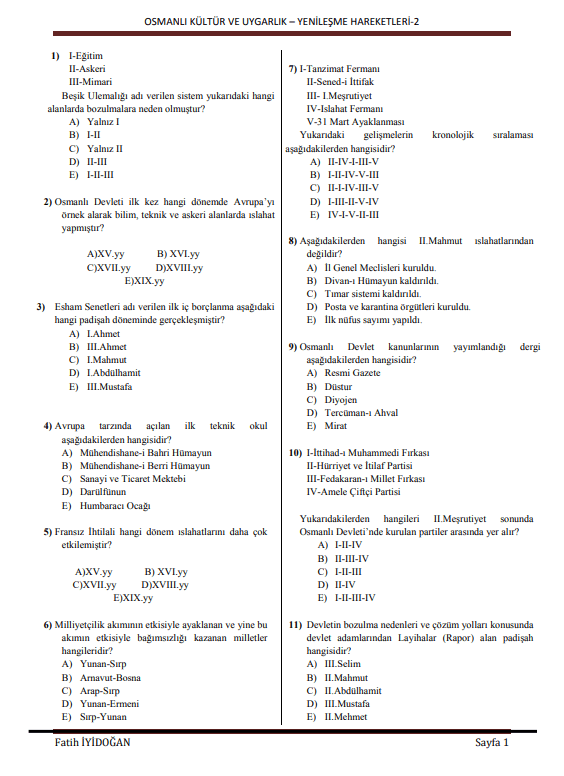 Osmanlı Kültür ve Uygarlık – Yenileşme Hareketleri-2 Test Kitapçığı - PDF İndir